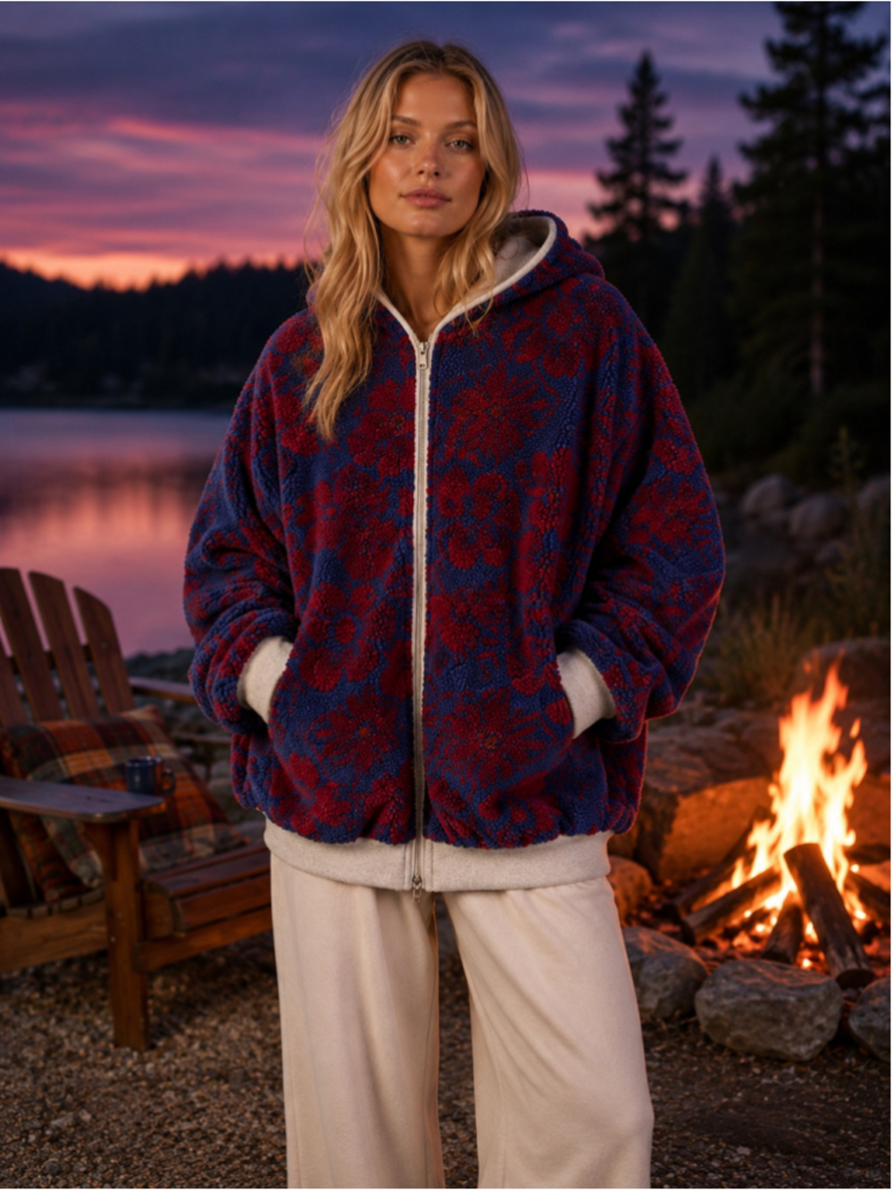 Free People Canyon Moon Cardi Women L Floral Sherpa Hooded Boho Maximalist Coat
